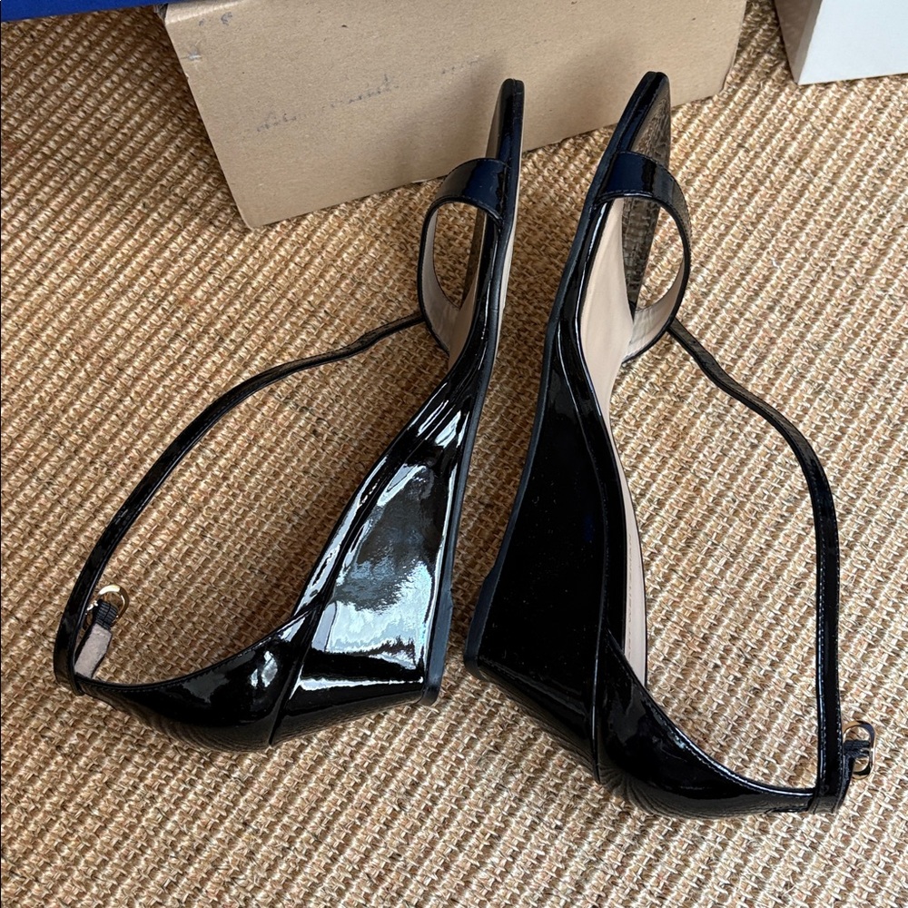 NWT Stuart Weitzman Nudistcurve 50 Black Patent Leather Wedges Sandals 7 - Picture 6 of 11